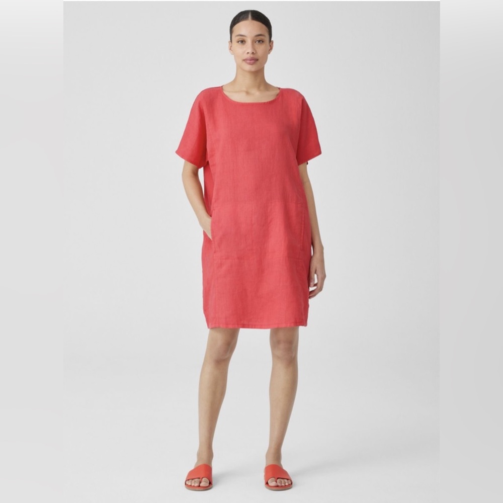Eileen Fisher Cherry Red Geranium Organic Linen Dress Pockets Short Sleeves XS